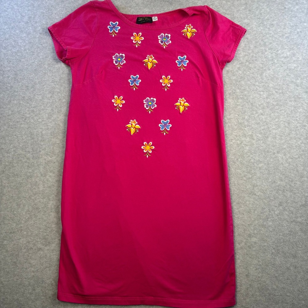 VTG Bob Mackie Pink Embroidered Floral Cotton T Shirt Shift Dress M Cottagecore
